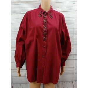 Carole Little Sport Womens Red Shirt Button Front  Long Sleeve Beaded Sz 10